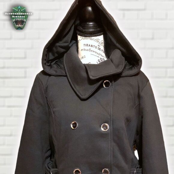 Intl D.E.T.A.I.L.S Classic Black Double Breasted Stretchy Hooded Peacoat Walker - Picture 3 of 8